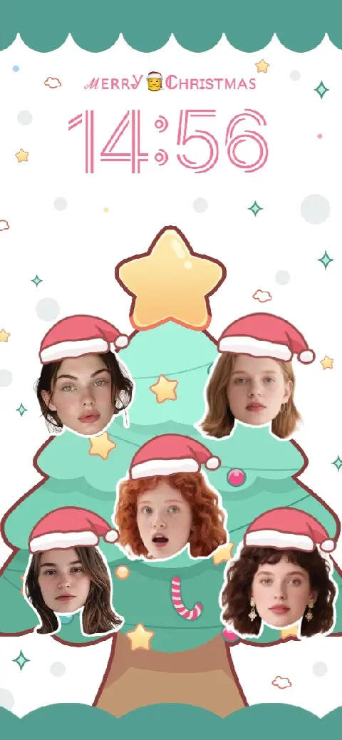 Eine niedliche Weihnachtsbaum-Illustration im Pastell-Stil mit fünf anpassbaren Fotoplätzen und Weihnachtsmützen.