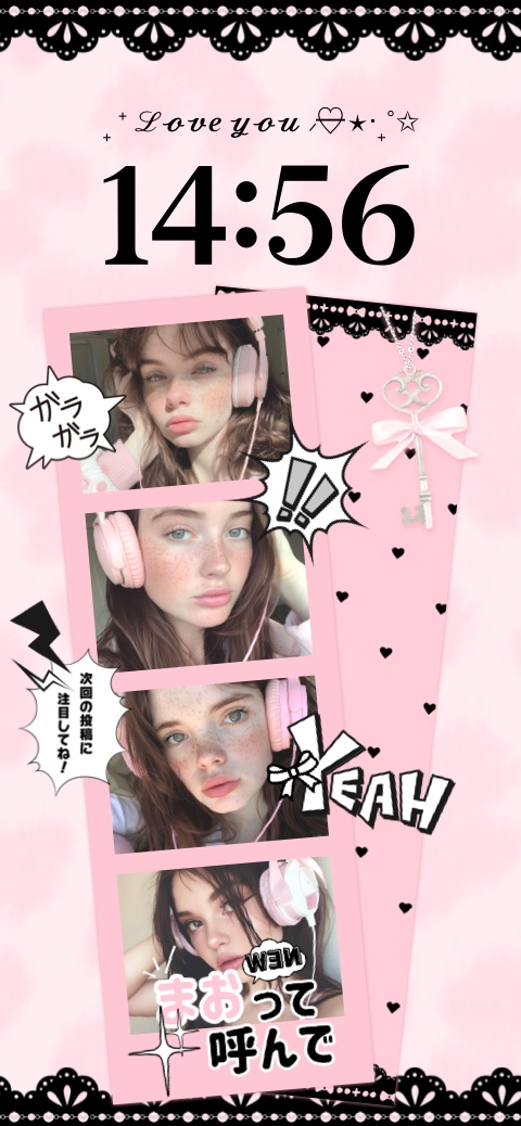 Plantilla de fondo de pantalla personalizable estilo coquette rosa con tira de fotos, burbujas de texto manga y detalles de encaje.