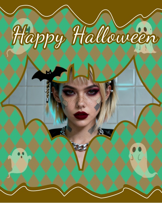 Halloween collage template featuring a bat-shaped photo frame, green and gold harlequin pattern, and cute ghost stickers with Happy Halloween text.