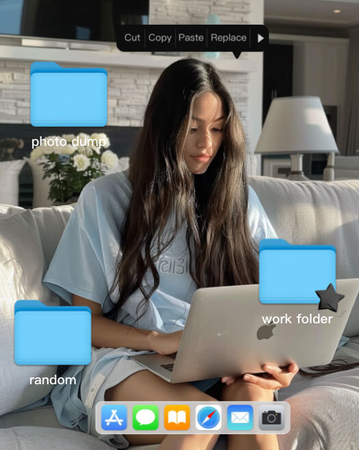 Modèle de montage photo imitant un bureau d'ordinateur avec des dossiers bleus, un dock de raccourcis et un menu contextuel.