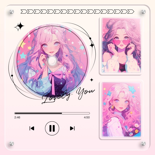 Pink Y2K aesthetic music player photo collage with CD vinyl layout, stars, and anime characters on an acrylic board.
