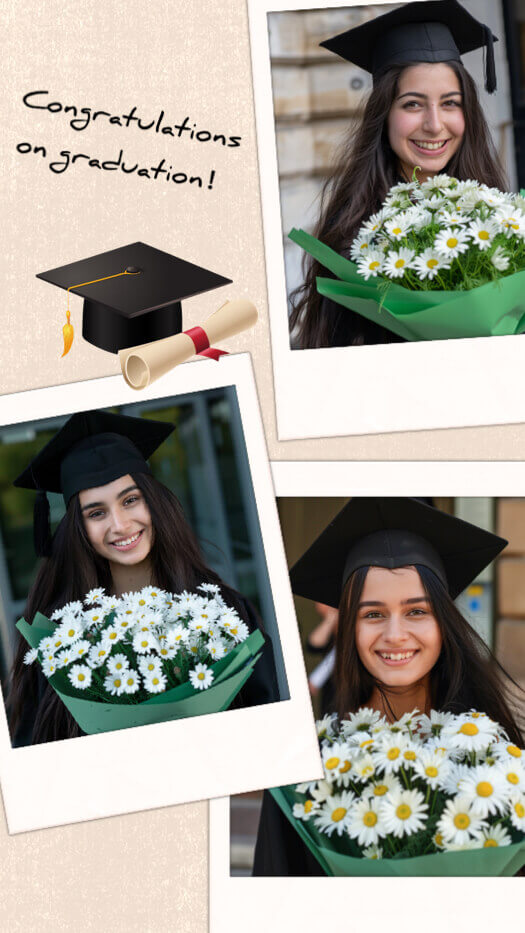 Three-photo graduation collage with Polaroid frames, graduation cap icon, and Congratulations on graduation text.