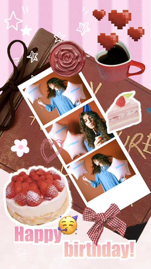 A pink birthday-themed collage with a vertical 3-photo filmstrip, strawberry cake, a heart-shaped coffee cup, and 'Happy birthday!' text on a striped background.