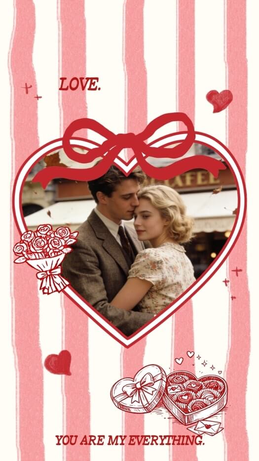 Romantische Collagen-Vorlage mit herzförmigem Rahmen, roter Schleife, rosa Streifen und handgezeichneten Rosen und Pralinen.