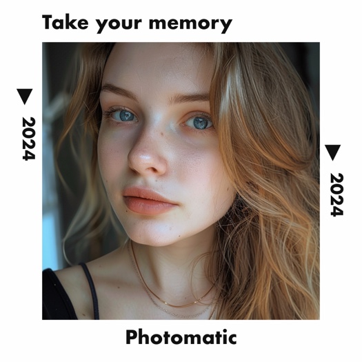 Plantilla de collage de una foto con estilo minimalista, texto 'Take your memory', flechas con '2024' y la palabra 'Photomatic' en la parte inferior.
