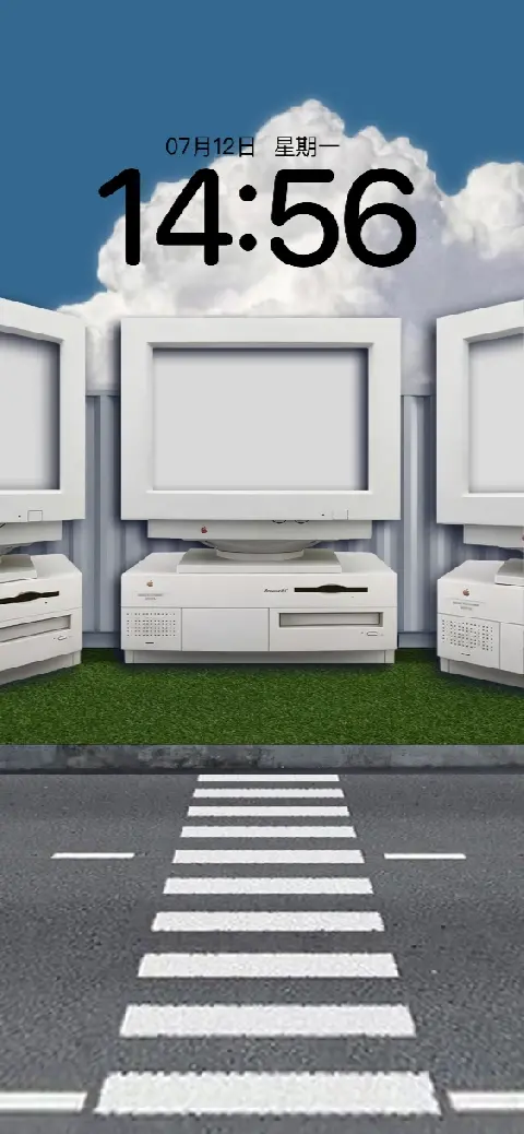 Vintage retro computers on grass by a crosswalk under a cloudy sky, customizable live wallpaper template for mobile.