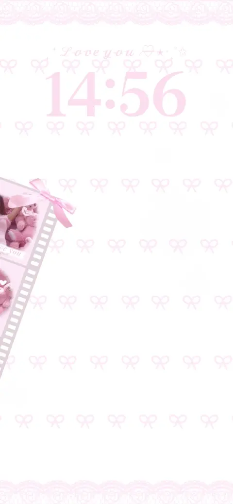 Aesthetic pink wallpaper template with ribbons, lace borders, and a filmstrip photo frame for customization.