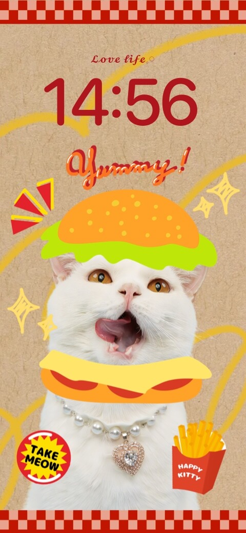 A funny white cat in a burger costume collage for a DIY mobile wallpaper template with fries and stickers.