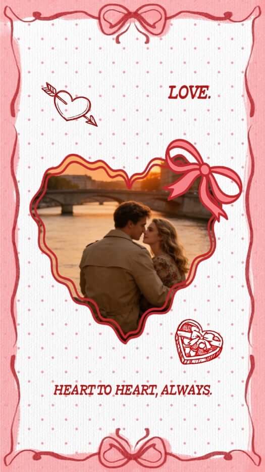 Romantic heart-shaped photo collage with pink bows, polka dots, and a couple at sunset in a coquette scrapbook style.