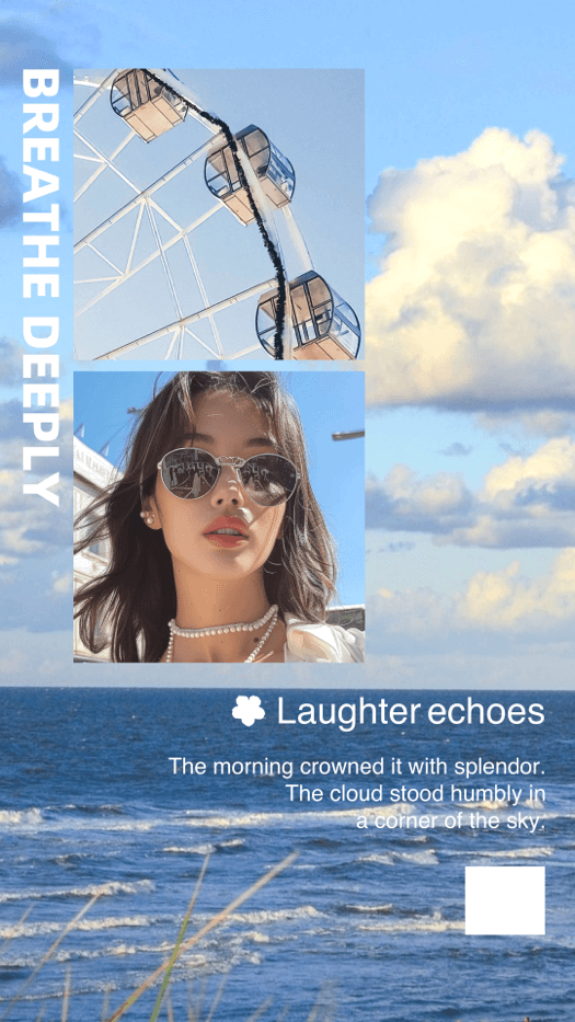 青い海の背景に観覧車とサングラスをかけた女性の写真が配置された、'BREATHE DEEPLY'という文字入りのコラージュテンプレート。