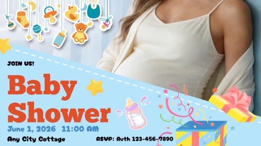 Baby shower invitation template with a light blue background, hanging baby toy stickers like teddy bears and pacifiers, gift boxes, and a focal photo of a pregnant woman.