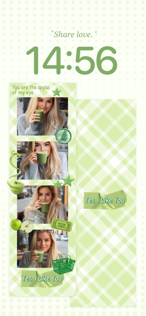 Aesthetic light green gingham DIY phone wallpaper template with a four-photo collage and cute scrapbook stickers.