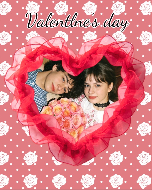 Valentine's Day photo collage template with a red ruffled heart frame over a pink rose and polka dot background.
