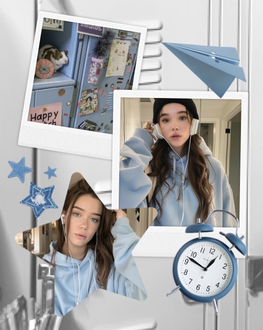Blue aesthetic scrapbook collage template with two Polaroid frames, a star cutout, paper plane, and alarm clock stickers.