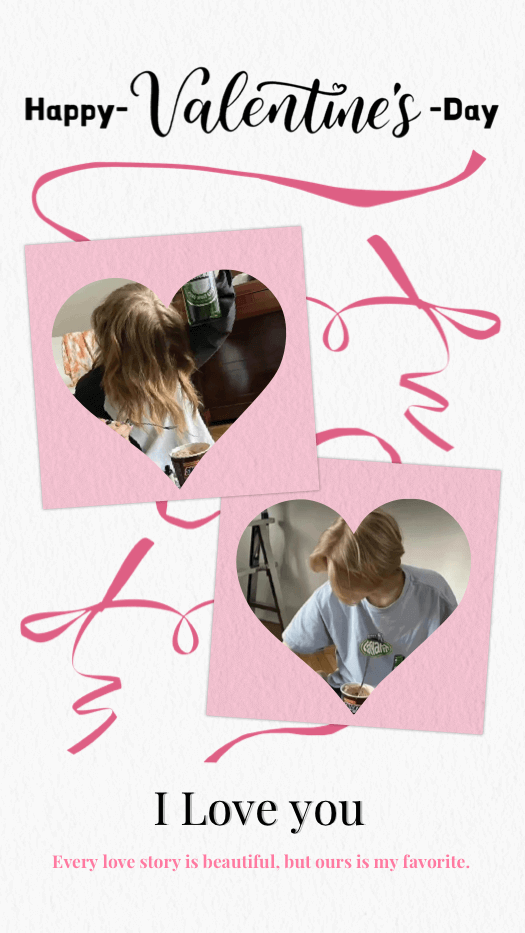 Valentine's Day collage with two heart-shaped photo masks, pink ribbons, and romantic text on a white textured background.