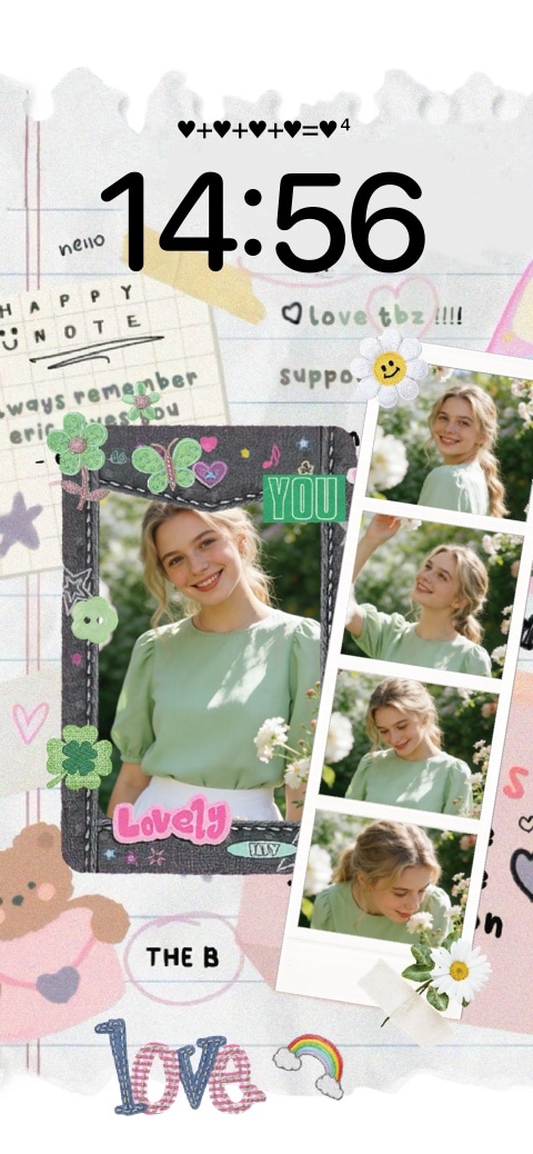 手帳風のカスタマイズ可能な静止画壁紙テンプレート。ポラロイド風フレーム、マスキングテープ、蝶やクマのステッカーが配置された紙の質感の背景。