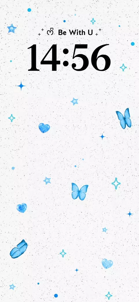 Fond blanc pailleté avec des papillons bleus et des étoiles, modèle personnalisable pour écran de verrouillage.