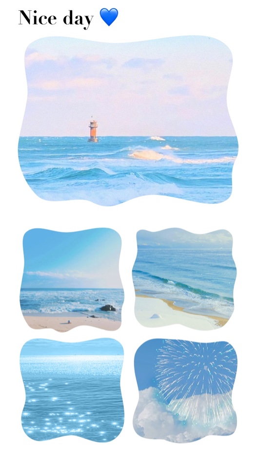 Summer beach collage template with five wavy-edged photo frames, blue heart emoji, and Nice Day text on a white background.