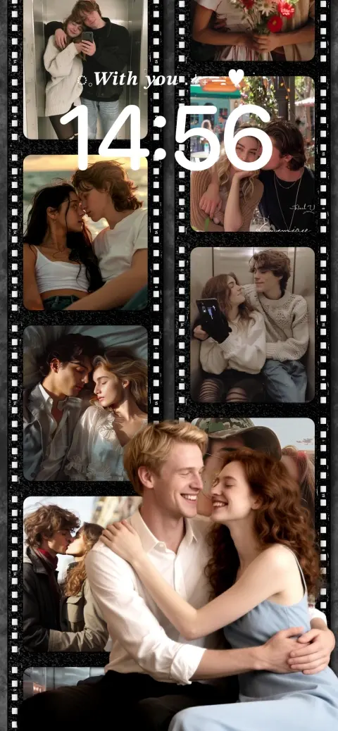 A vertical film strip collage wallpaper template for couples with multiple photo frames and a 'With you' text overlay.