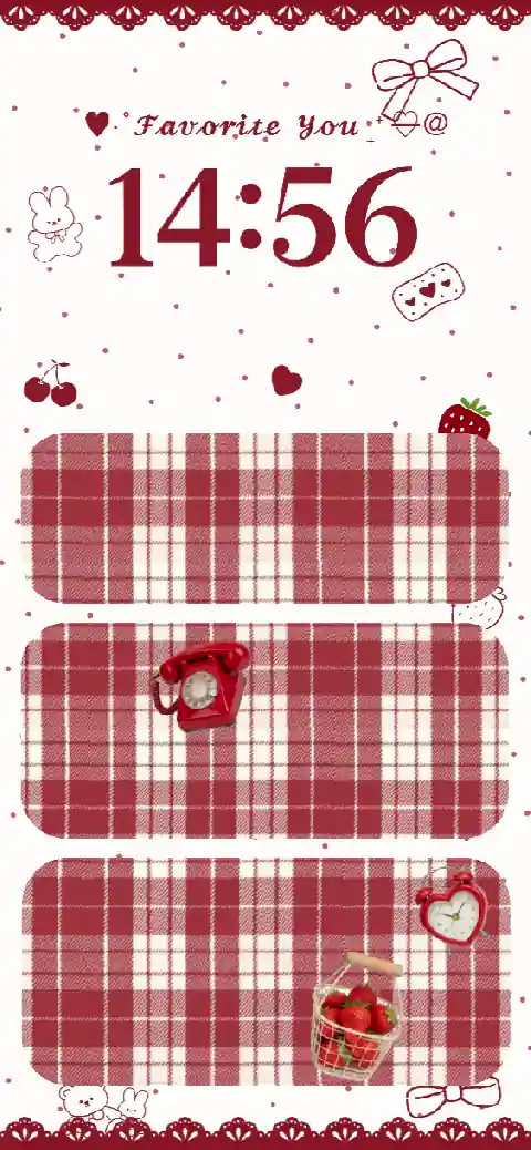 Personalisierbare DIY-Hintergrundvorlage im roten Coquette-Stil mit Gingham-Muster und Erdbeeren.