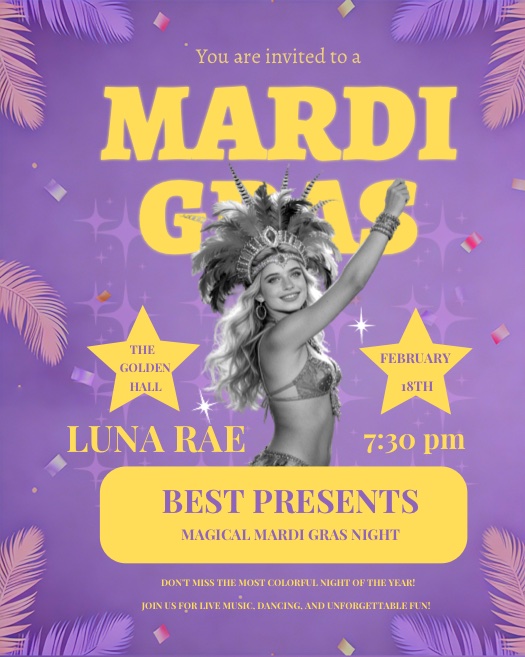 Mardi Gras party invitation template in purple and yellow with a samba dancer cutout, stars, and palm leaf borders.