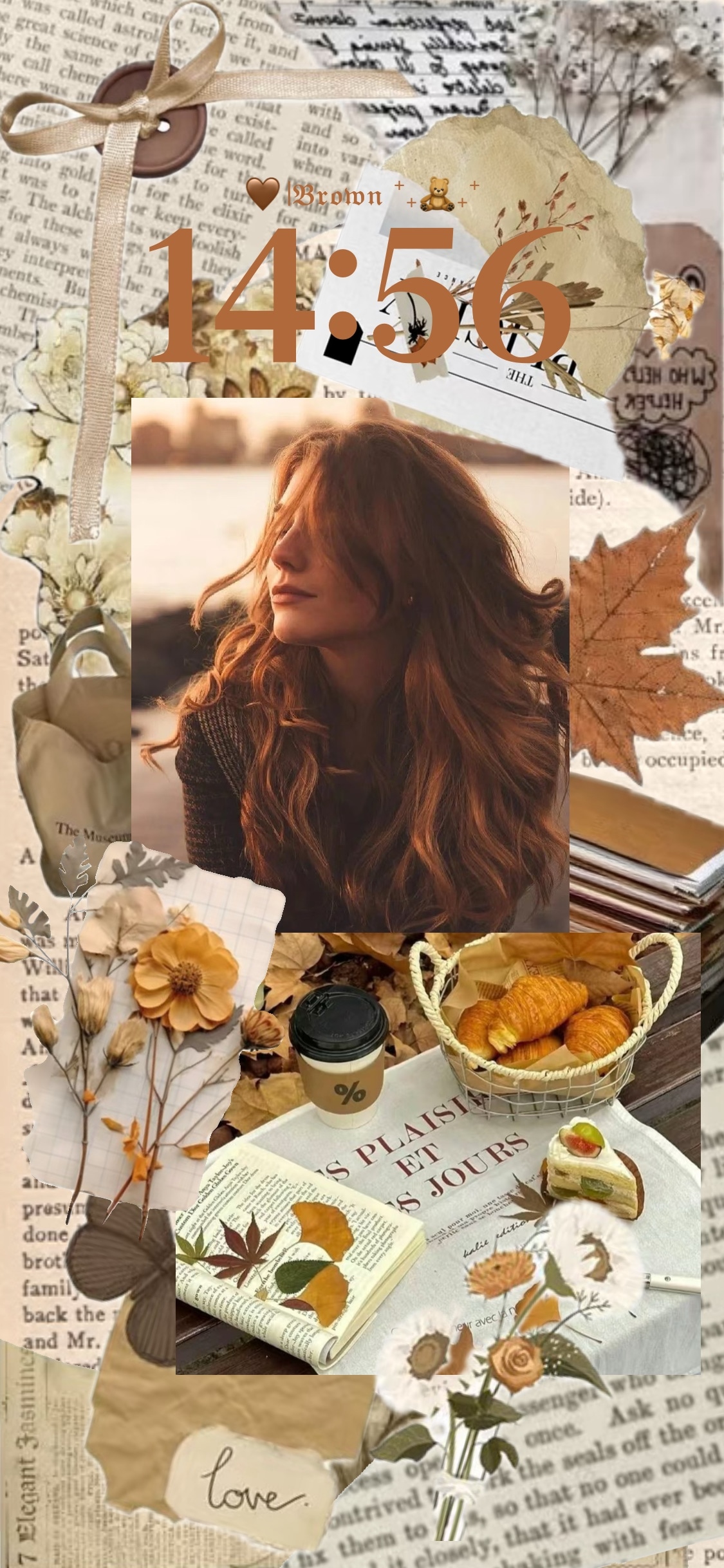 A warm brown and beige autumn aesthetic scrapbook collage wallpaper template featuring coffee, croissants, and dried flowers with a central frame for a custom photo.