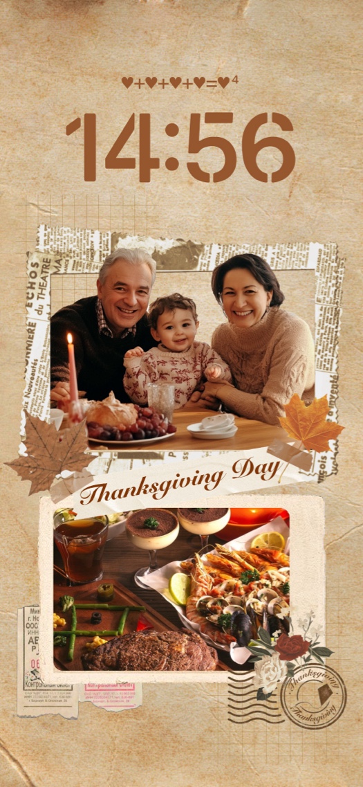 A vintage Thanksgiving-themed DIY mobile wallpaper template with family photo collage, autumn leaves, and food images.