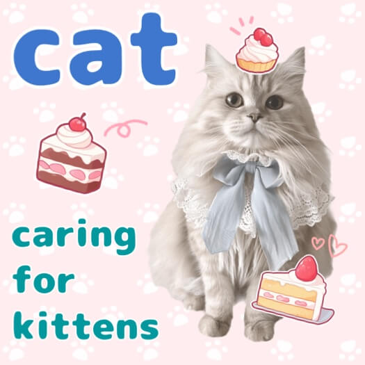Kawaii cat collage template with a fluffy grey cat, blue bow, lace collar, and cake stickers on a pink paw-print background.