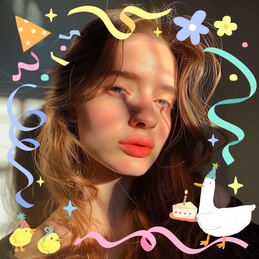 Woman in a birthday photo frame with cute duck, cake, streamers, and colorful party doodle decorations.