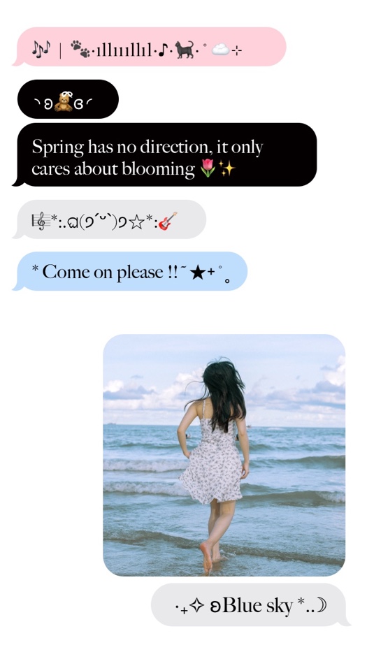 A photo collage template styled as a mobile messenger interface with aesthetic chat bubbles in pink, black, and blue, featuring spring quotes and a central rounded photo of a woman on a beach.
