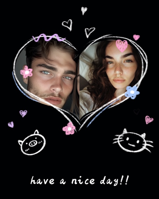 Heart-shaped chalk doodle collage with two photos of a couple, cute animal drawings, and a black background.