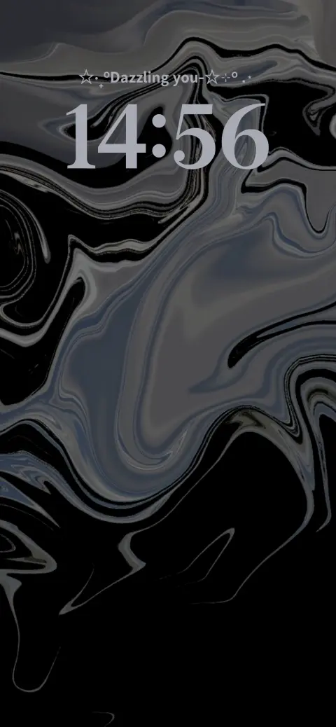 A dark aesthetic lock screen template featuring a fluid black and gray liquid marble pattern with customizable text and clock areas.
