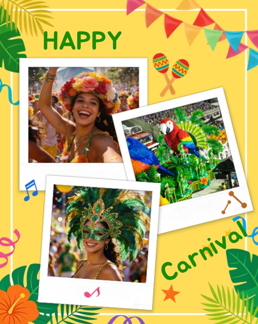 Carnival themed photo collage template with three Polaroid frames, tropical leaves, maracas, and yellow background.