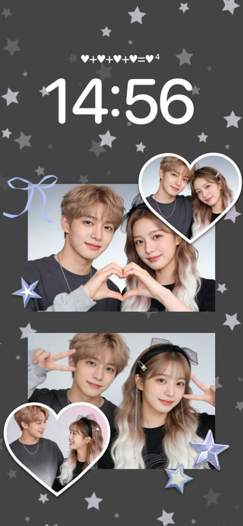 Modèle de fond d'écran gris avec des étoiles et des cadres photo en forme de cœur personnalisables.