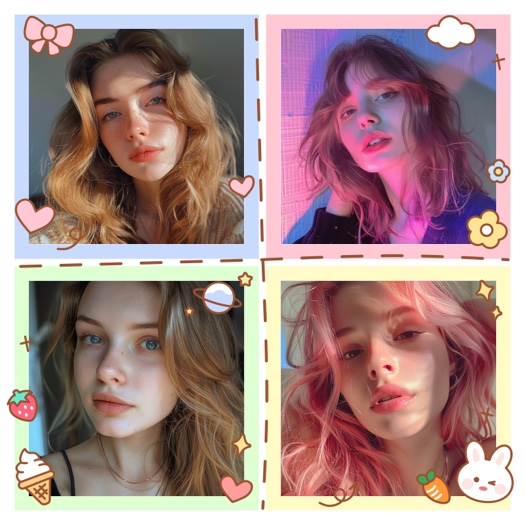 A 4-grid photo collage template with pastel blue, pink, green, and yellow frames separated by dashed lines. Decorated with cute doodle stickers including a bow, clouds, stars, a strawberry, an ice cream cone, and a bunny.