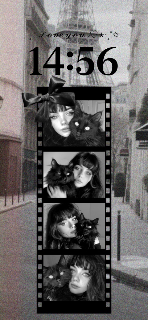 Grayscale Paris Eiffel Tower background with a black film strip containing four photo slots and a large black ribbon at the top.