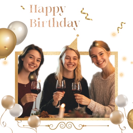 Happy Birthday photo collage with gold glitter frame, white and gold balloons, and festive sparkles on a white background.