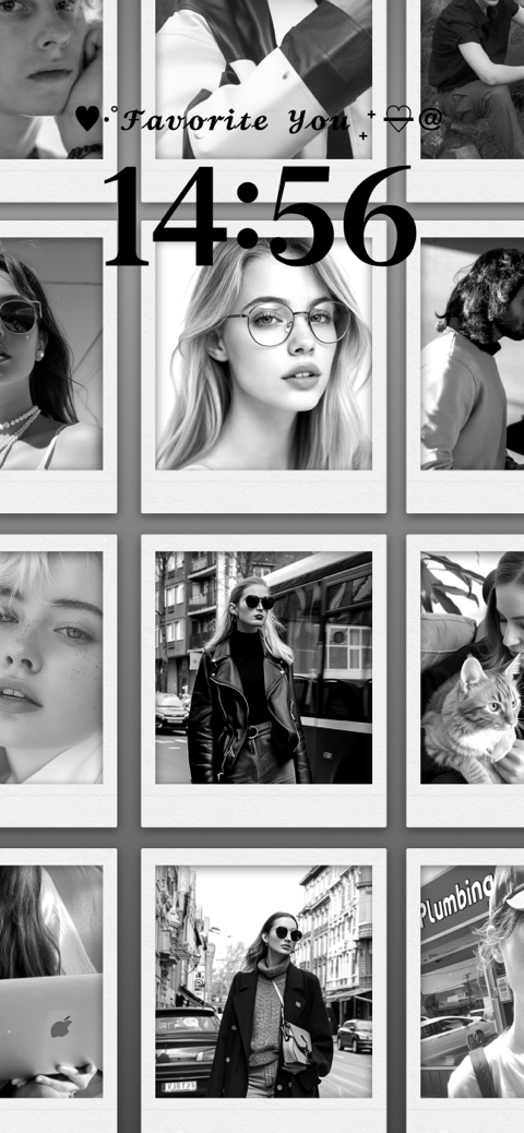 A black and white DIY wallpaper template featuring a grid of customizable polaroid-style photo frames with a digital clock overlay.