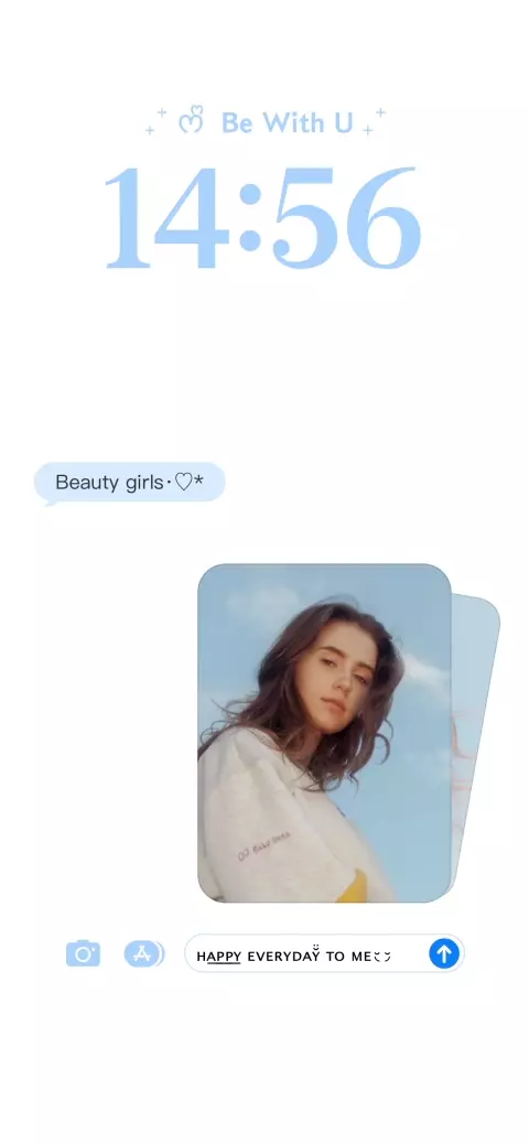 Minimalistische Vorlage für ein Live-Wallpaper im Chat-Design mit anpassbaren Textfeldern und Fotostapel.