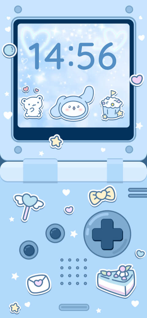 Plantilla de fondo de pantalla estático de una consola de juegos retro azul con pegatinas kawaii y espacio para widgets.