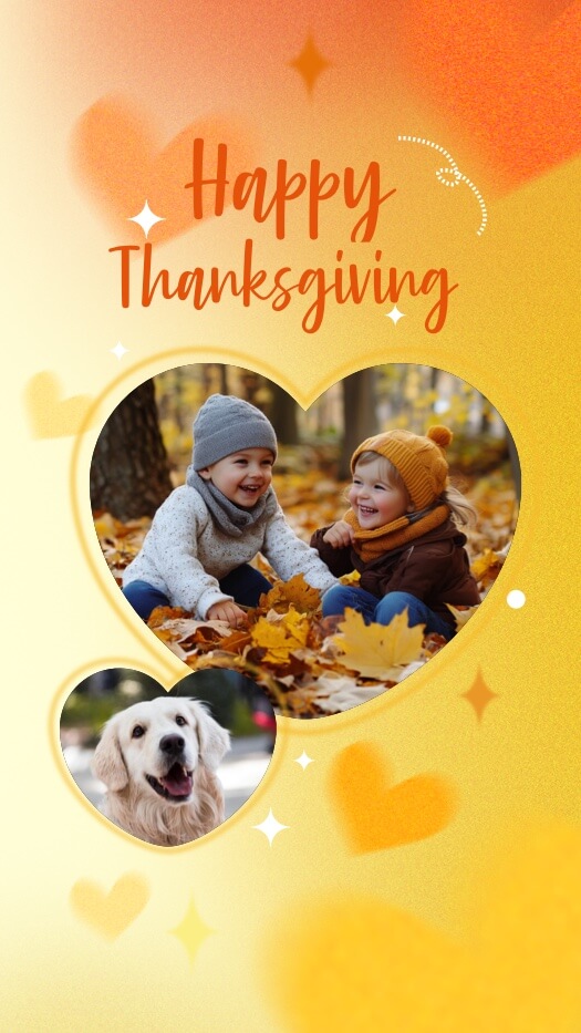 Thanksgiving photo collage template featuring two heart-shaped frames on a warm orange gradient background with star accents.