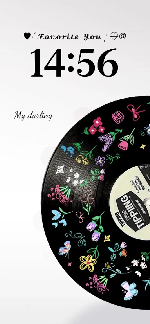 Black vinyl record with colorful hand-drawn flower and butterfly doodles on a white background for a live wallpaper.