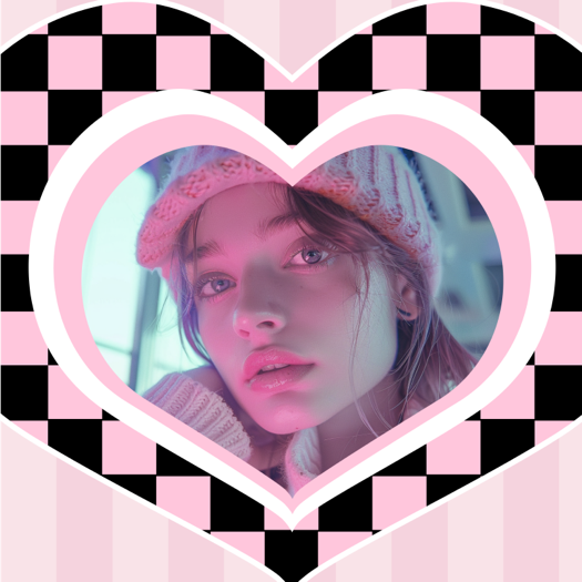 A central heart-shaped photo frame with a pink and black checkerboard border on a pink striped background.