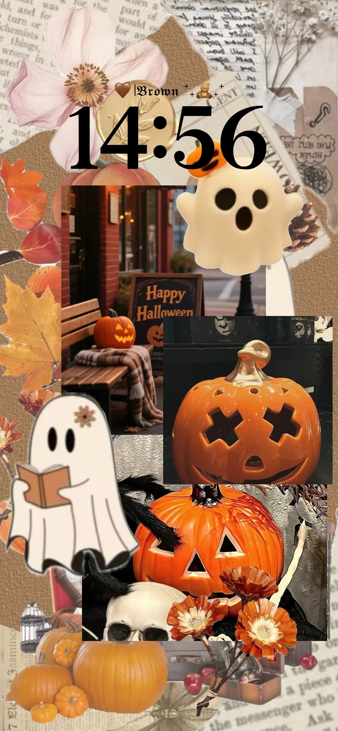 A Halloween-themed scrapbook collage wallpaper template with pumpkins, ghosts, and autumn leaves, designed as a customizable static background.