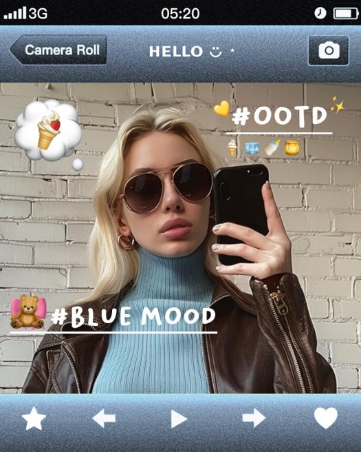 Y2K retro iPhone UI photo template with #OOTD hashtag, emoji stickers, and blue mood filter for social media edits.
