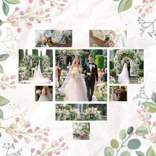 Herzförmige Hochzeits-Fotocollage mit Aquarellblumen, Eukalyptusblättern und strukturiertem Papierhintergrund.