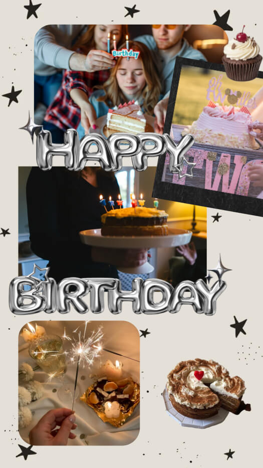 Un montage photo d'anniversaire avec des ballons argentés 3D épelant 'Happy Birthday', des étoiles, un cadre polaroid et des photos de gâteaux.