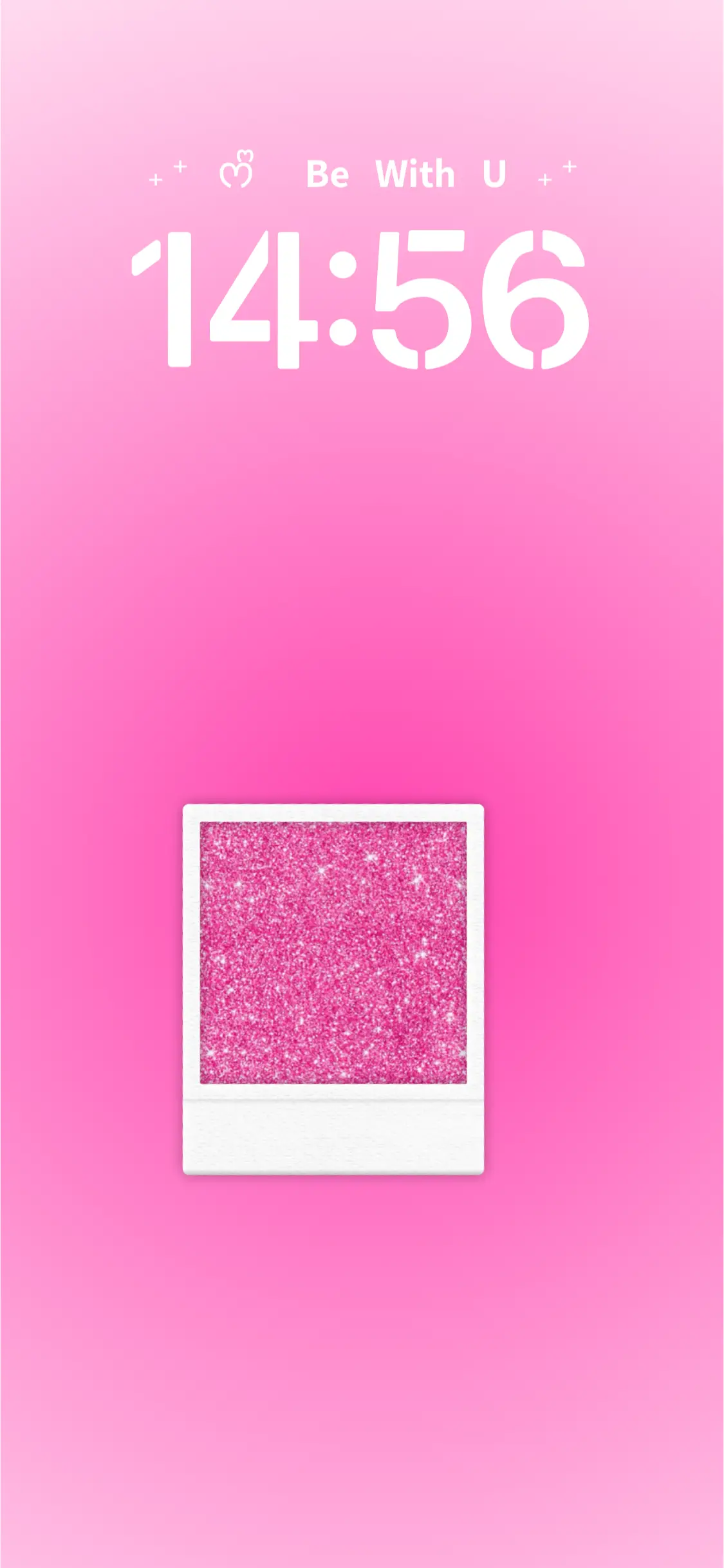 Fond dégradé rose avec un cadre photo Polaroid personnalisable et des paillettes pour fond d'écran animé.