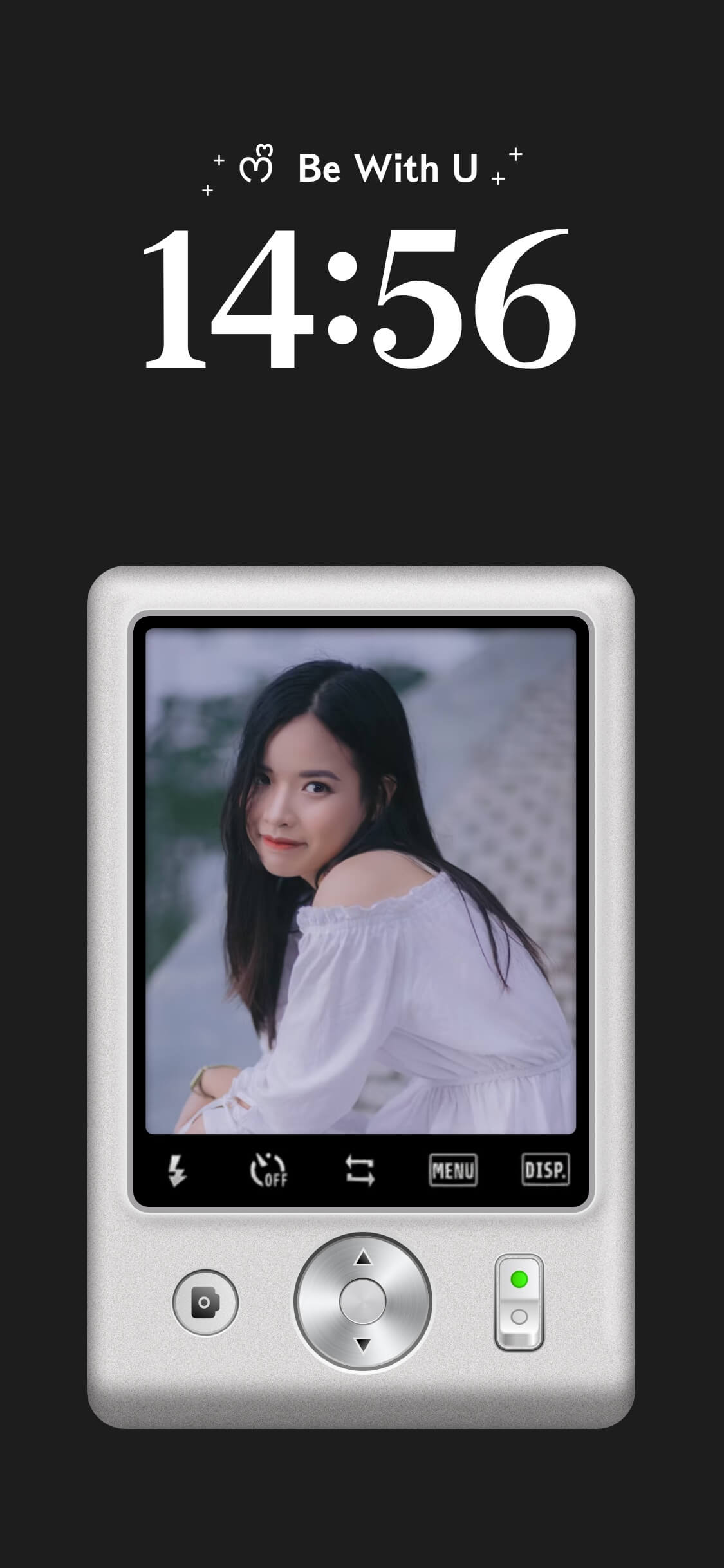 DIY wallpaper template featuring a retro silver digital camera frame with a personalized photo on a black background.