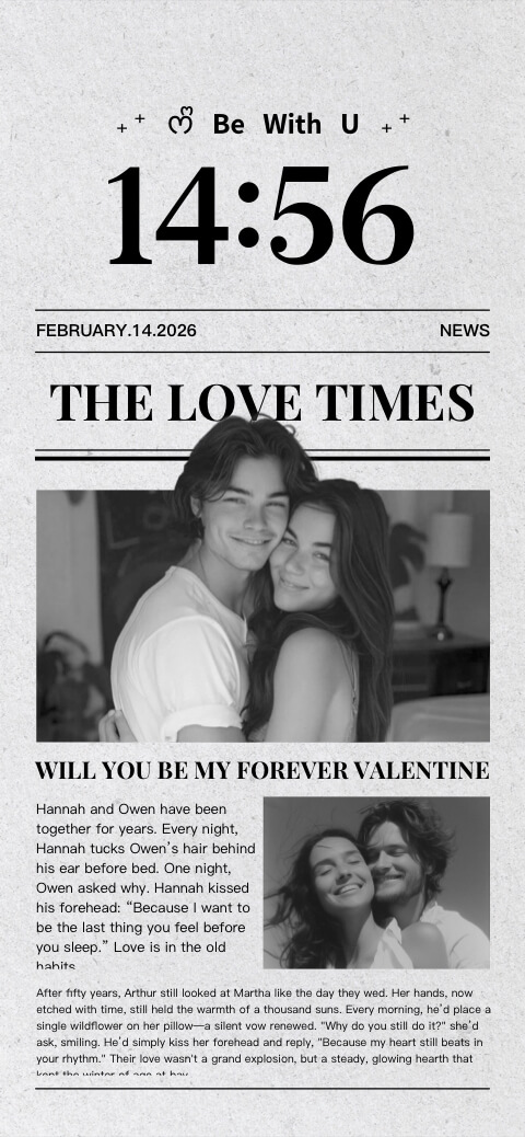 Black and white vintage newspaper template for mobile wallpaper featuring romantic couple photos and headlines.